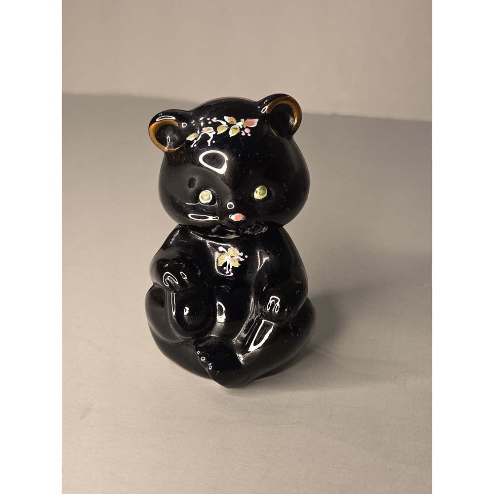Fenton Bear Black Hand Painted Signed Sitting Glossy Blown Art Glass